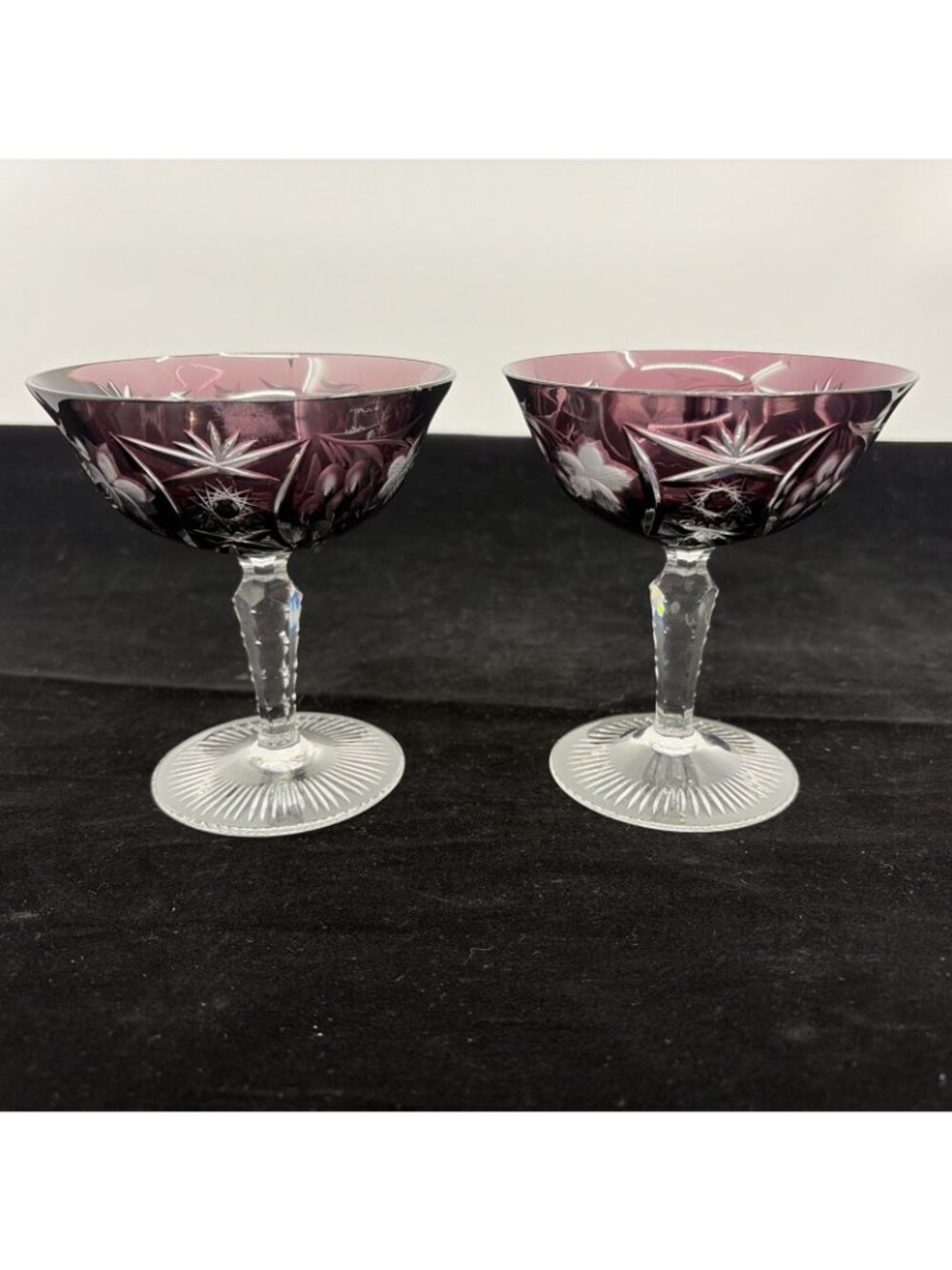 Vintage Ajka Marsala Amethyst Cut to Clear Sherbet Champagne Coupe Set of 2 4.75 - Picture 3 of 8